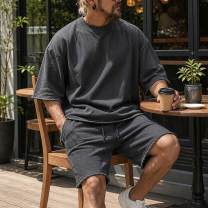 ArdentFlex™ – Comfortable Loose-Fit Raw-Edge Tee & Shorts Set