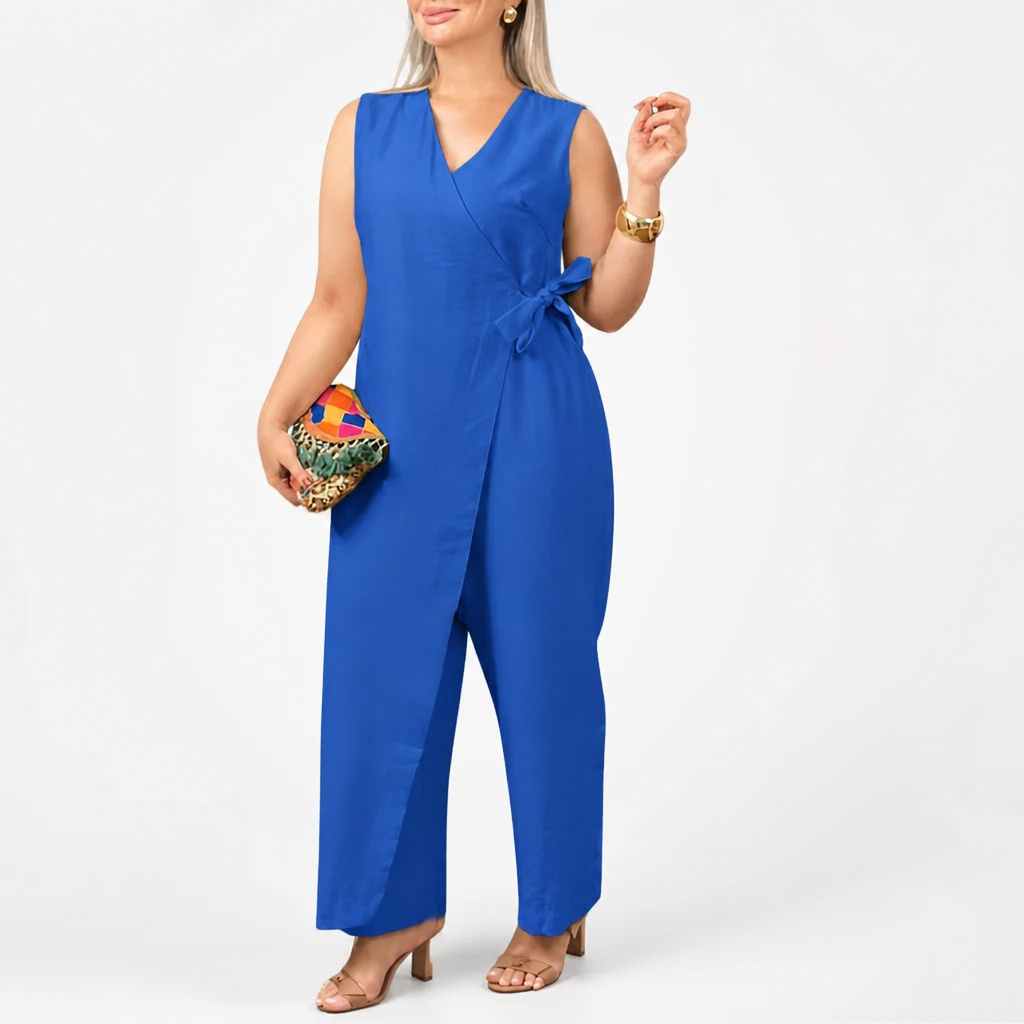 SereneSilhouette™ – Stylish Sleeveless Wrap-Front Jumpsuit with Side Tie