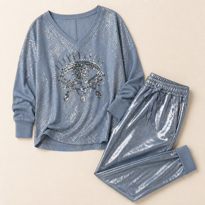 LumaDaze™ – Shimmering Metallic Pant Set with Sequin Evil Eye Top