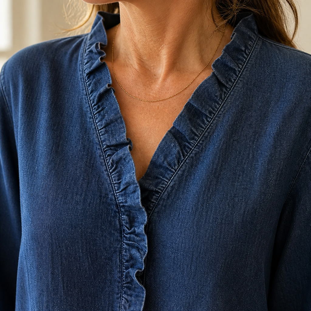 Brielle™ – Soft Chambray V-Neck Shirt with Ruffle and High-Low Hem