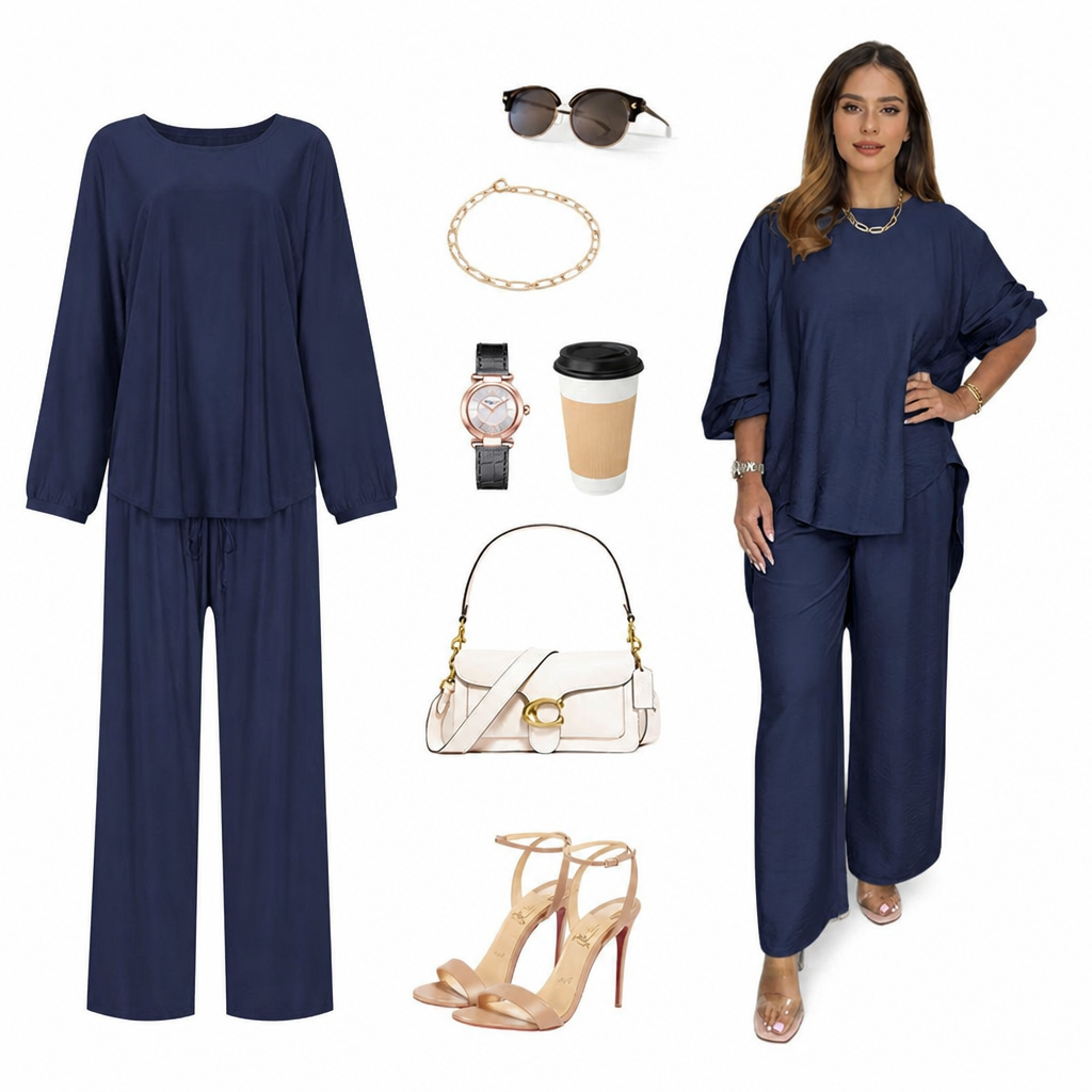 TrueStyle™ – Laid-Back Two-Piece Outfit with Asymmetric Hem & Wide-Leg Trousers