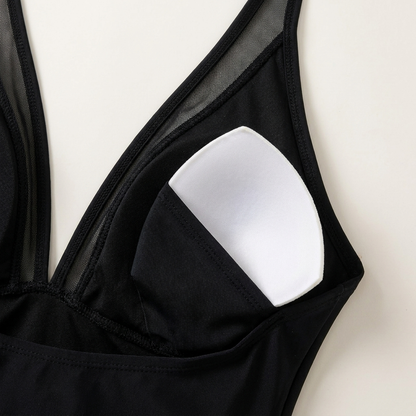 AuraSleek™ – Mesh V-Neck One-Piece with Sculpting and Ruched Tummy Control