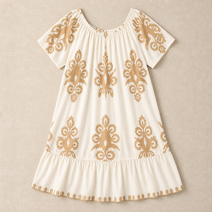 FlexiFit™ – Breezy Boho Patterned Midi Dress with Layered Hem