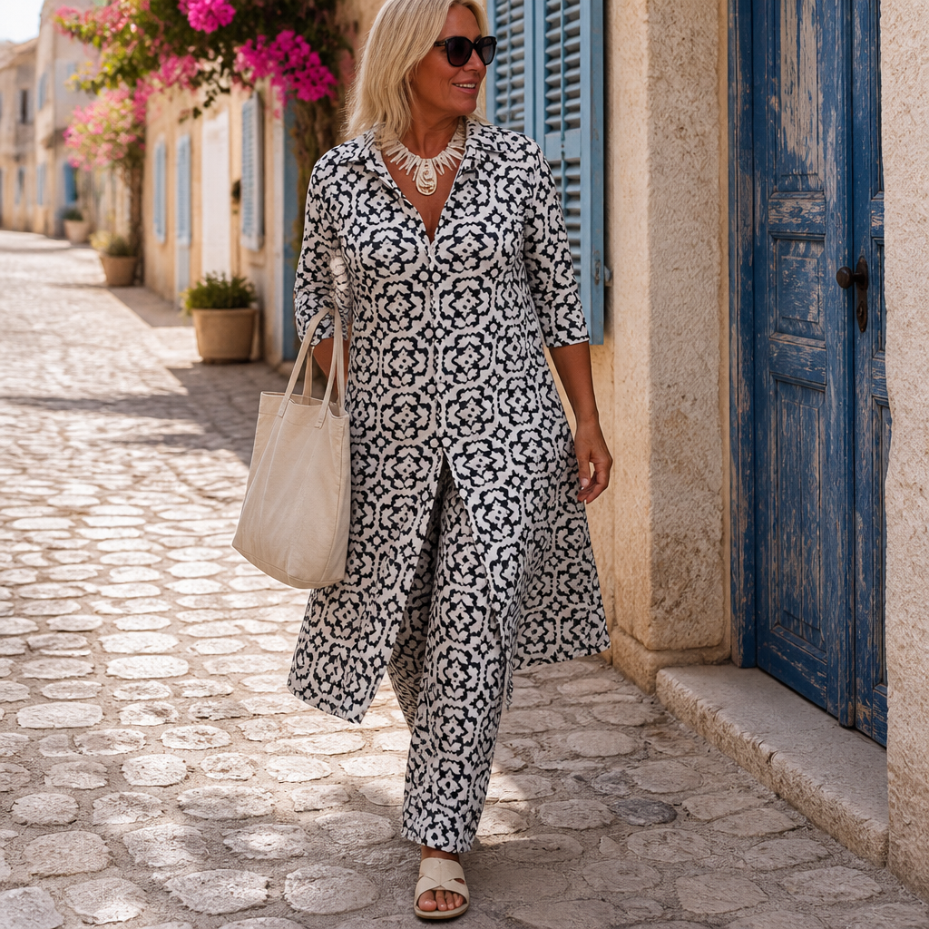 VireoLuxe™ – Striking Geometric Tunic with Straight-Leg Pants Set