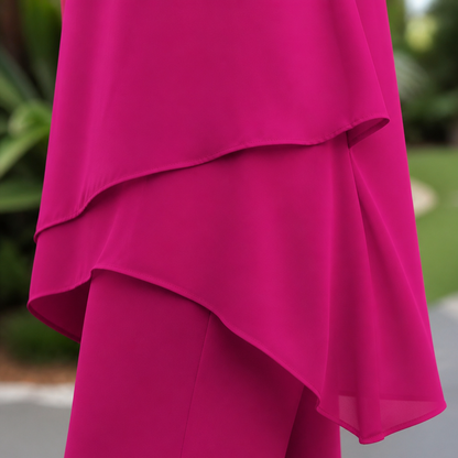 SerenLuxe™ – Stylish Chiffon Two-Piece Ensemble with Asymmetrical Layered Top