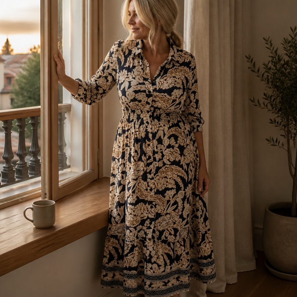 BloomAura™ – Retro Block-Print Shirt Dress Featuring Smocked Waist