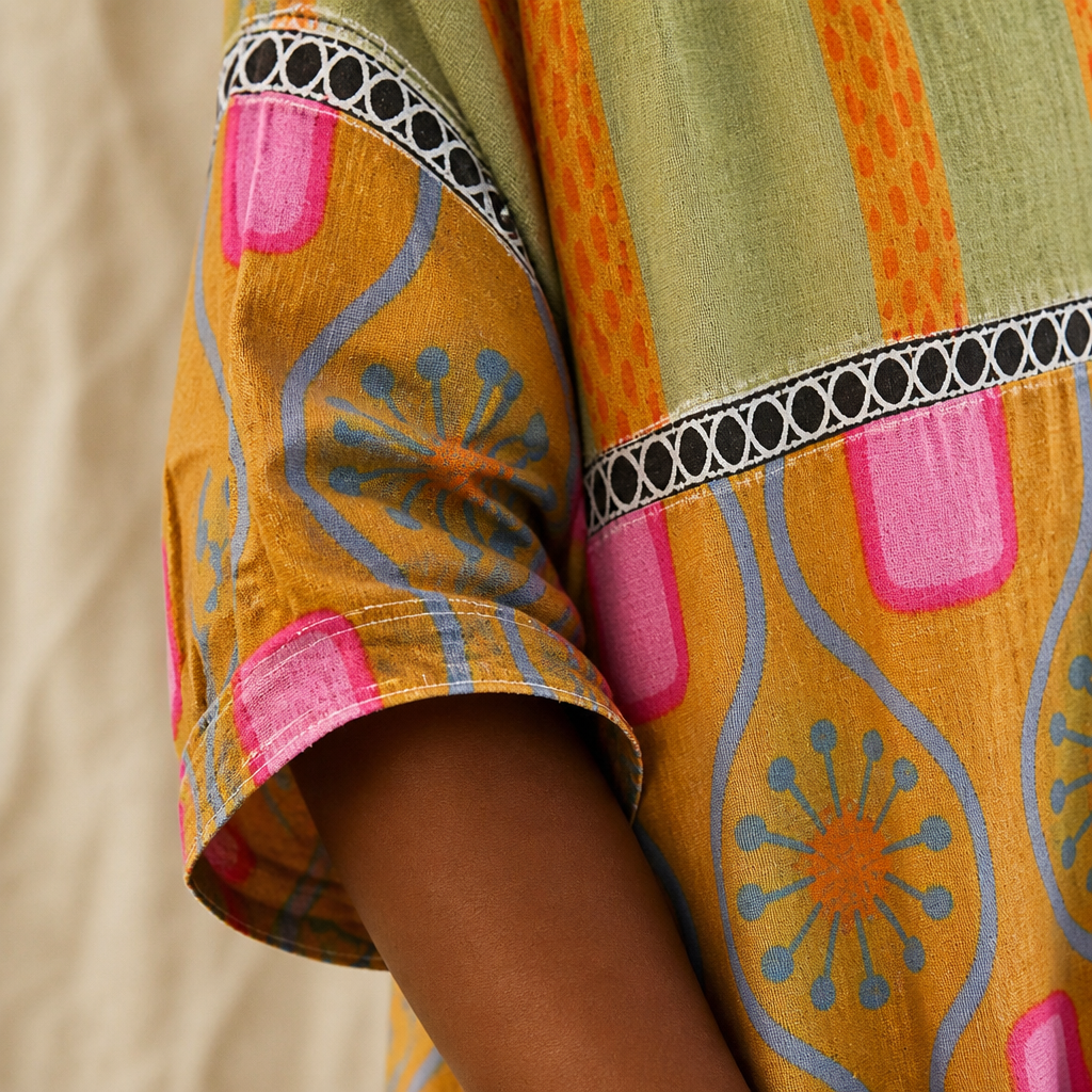 VivaLuxe™ – Boho Mixed-Print Loose-Fit Top with Three-Quarter Sleeves