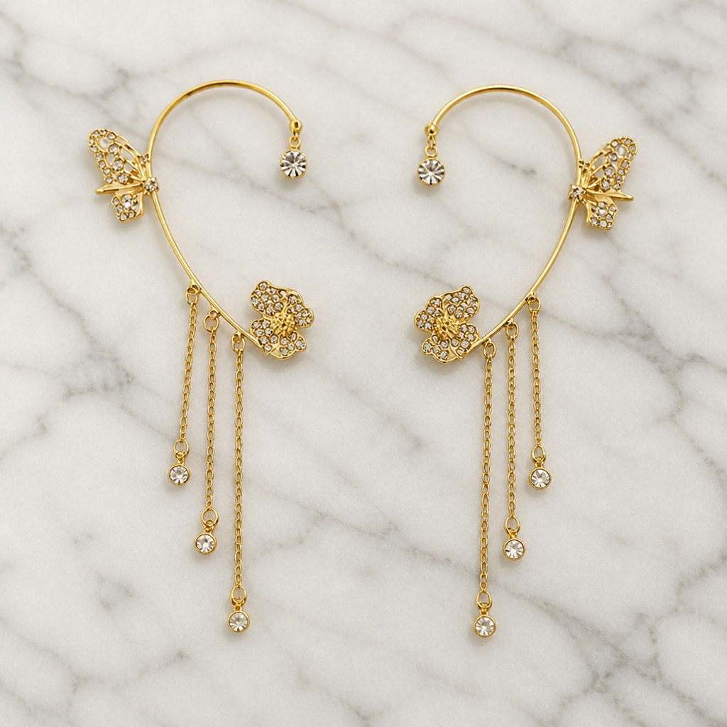 Luméline™ – Glittering Butterfly Ear Cuffs with Crystal Tassel Chains