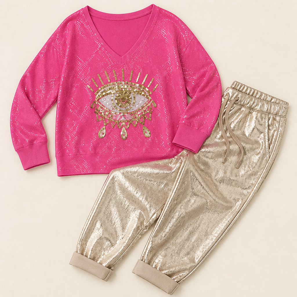 LumaDaze™ – Shimmering Metallic Pant Set with Sequin Evil Eye Top