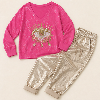 LumaDaze™ – Shimmering Metallic Pant Set with Sequin Evil Eye Top