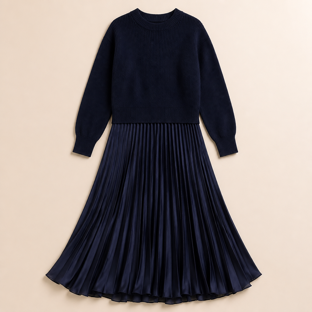 VelaLift™ – Stylish Pleated Maxi Skirt Set Paired with Cropped Knit Top