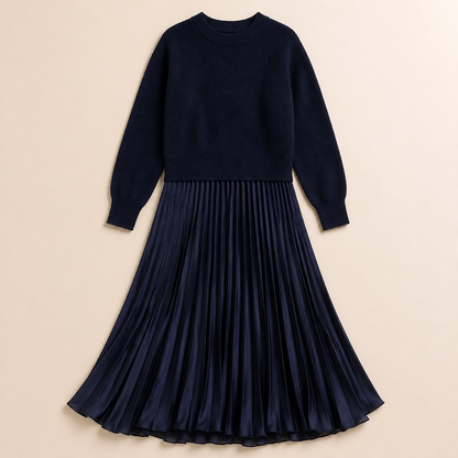 VelaLift™ – Stylish Pleated Maxi Skirt Set Paired with Cropped Knit Top