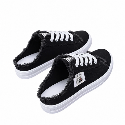 StridePulse™ – Casual Denim Mules with Frayed Edge Sneakers