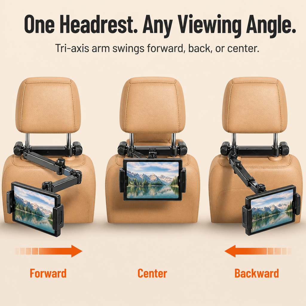 RoadEase™ — Secure Your Tablet Perfectly Centered Between Headrests for Comfortable Backseat Viewing