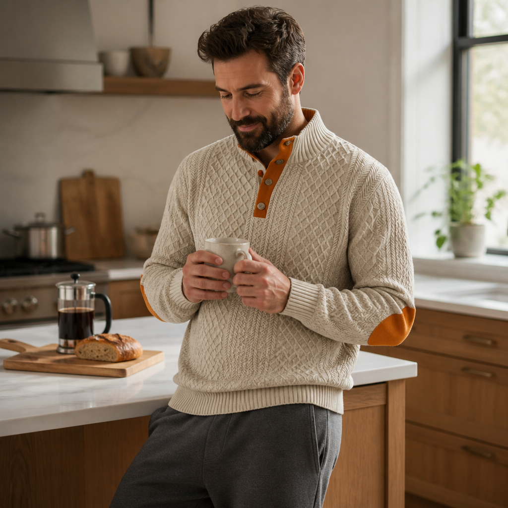 AtlasForge™ – Jacquard Textured Stand-Collar Sweater Featuring Elbow Patches