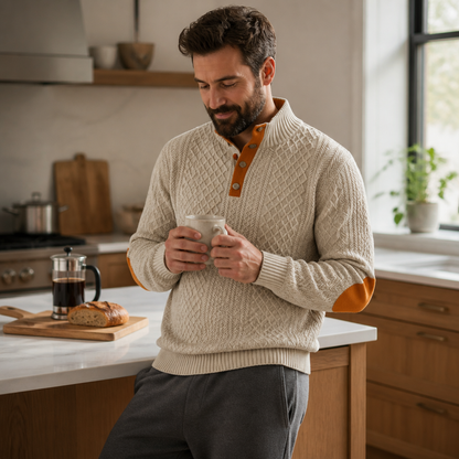 AtlasForge™ – Jacquard Textured Stand-Collar Sweater Featuring Elbow Patches