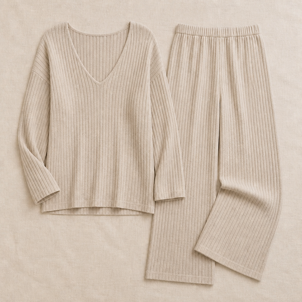 Serelis™ – Cozy Ribbed V-Neck Lounge Set with Wide-Leg Trousers