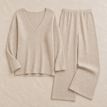 Serelis™ – Cozy Ribbed V-Neck Lounge Set with Wide-Leg Trousers
