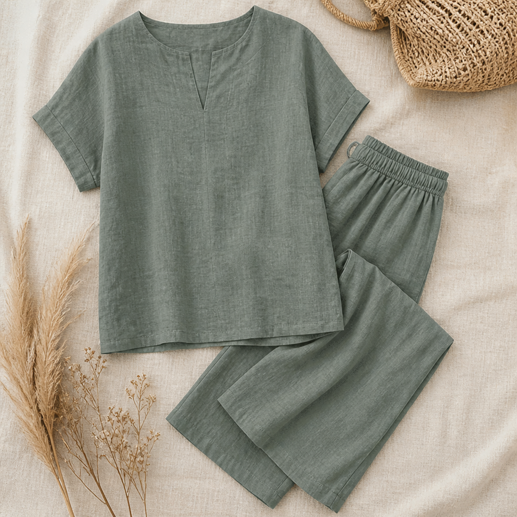 LumoraEase™ – Soft Cotton-Linen V-Neck Two-Piece Ensemble