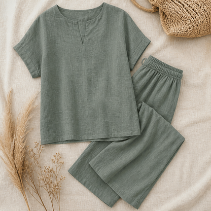 LumoraEase™ – Soft Cotton-Linen V-Neck Two-Piece Ensemble