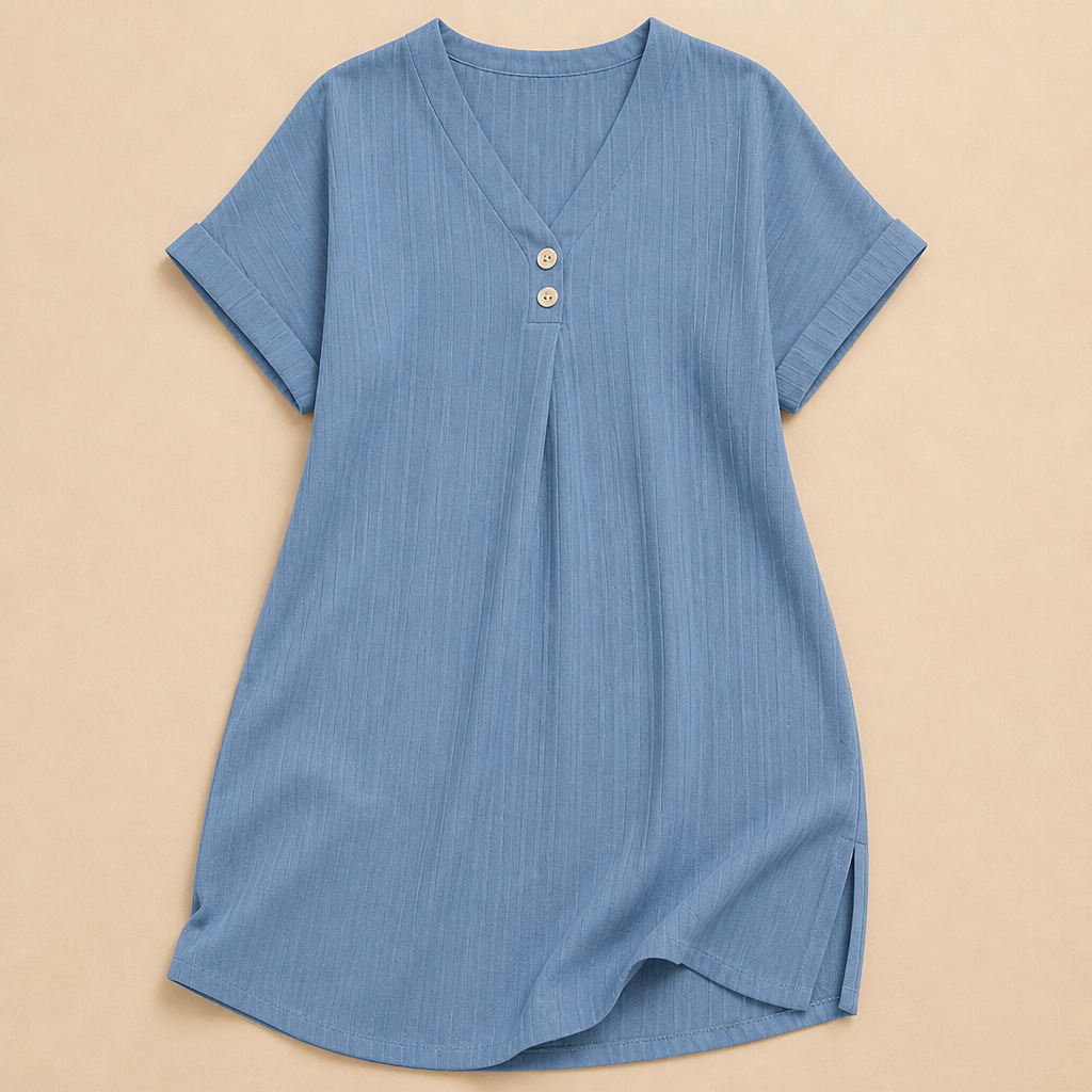 Veloria™ – Casual Ribbed V-Neck Shift Dress Featuring Button Detail