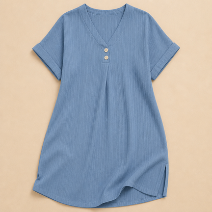 Veloria™ – Casual Ribbed V-Neck Shift Dress Featuring Button Detail