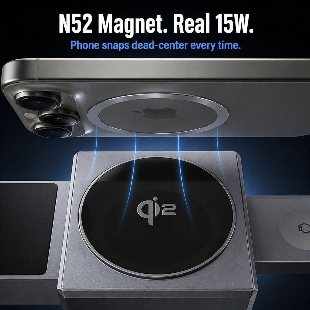 ChargeFlow™ — Clip Your iPhone, Watch & Headsets Onto Single Foldable Qi2 Stand
