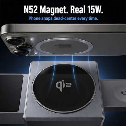 ChargeFlow™ — Clip Your iPhone, Watch & Headsets Onto Single Foldable Qi2 Stand