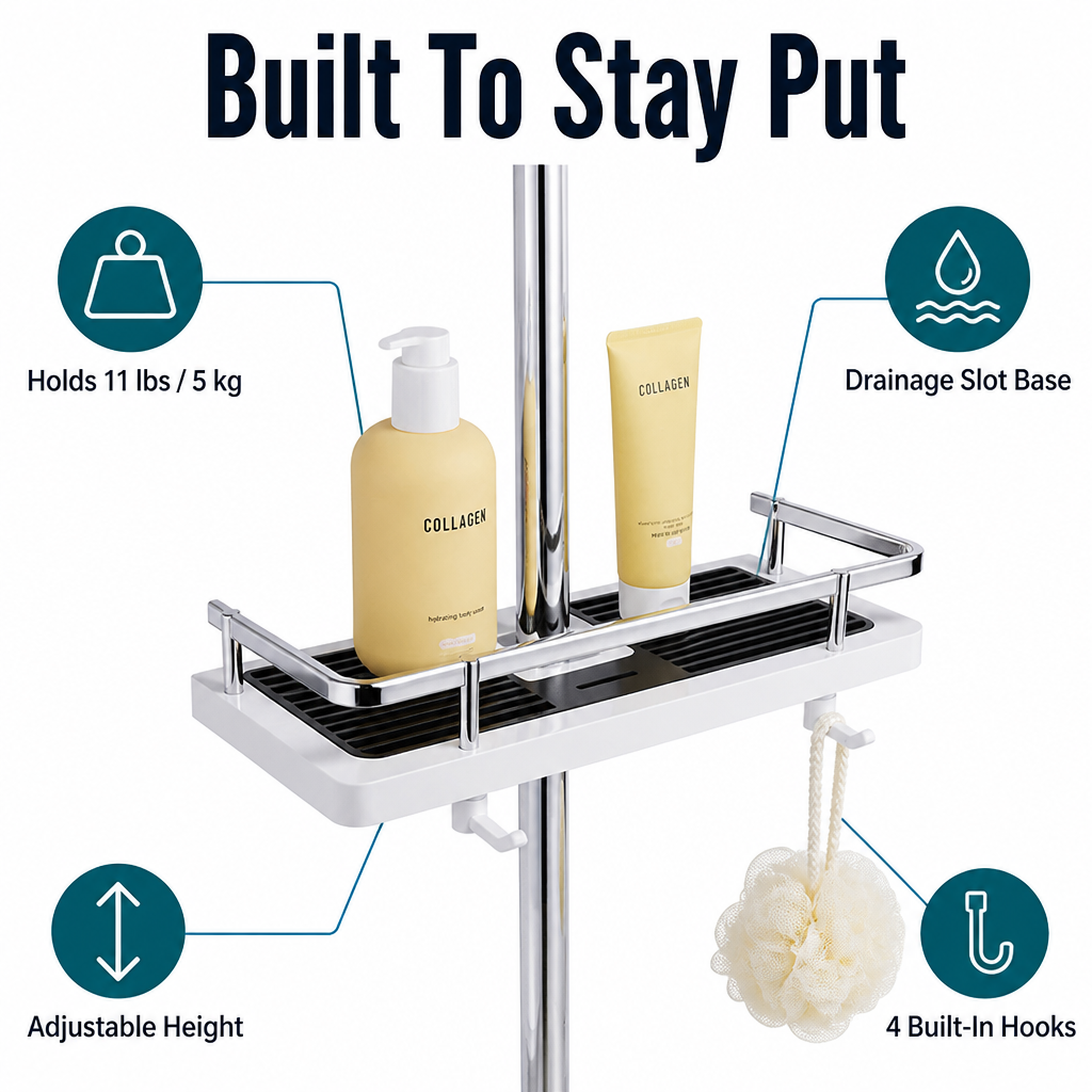 AquaNest™ — Snap a Single Adjustable Tray onto Your Shower Pipe, No Drilling