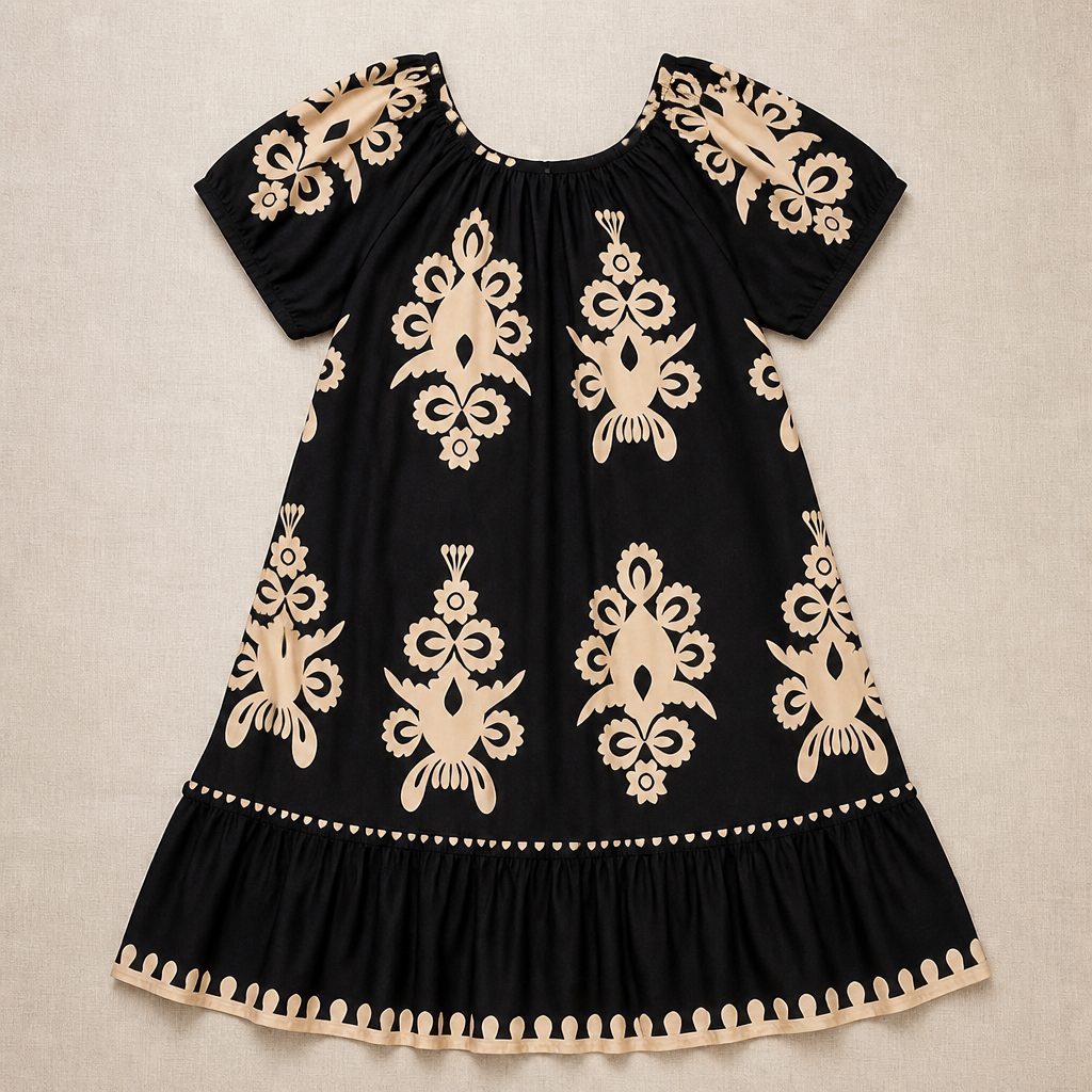 FlexiFit™ – Breezy Boho Patterned Midi Dress with Layered Hem