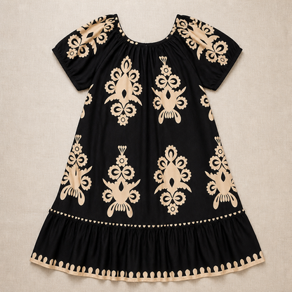 FlexiFit™ – Breezy Boho Patterned Midi Dress with Layered Hem