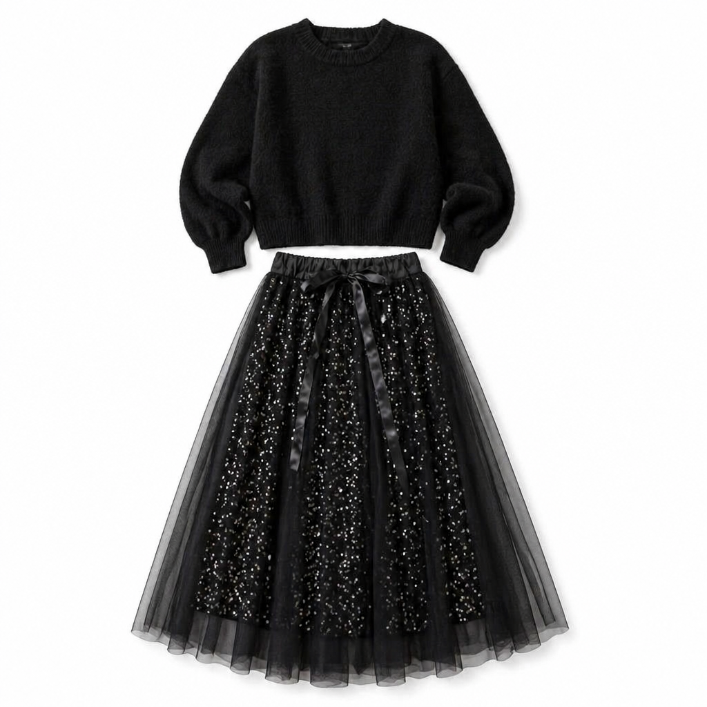 Soraya™ – Sparkling Sequin Tulle Midi Skirt & Soft Knit Sweater Set