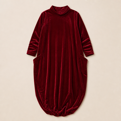 VioraForm™ – Velvet Cocoon Maxi Dress with Mock-Neck and Side Pockets