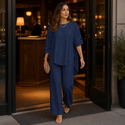 TrueStyle™ – Laid-Back Two-Piece Outfit with Asymmetric Hem & Wide-Leg Trousers
