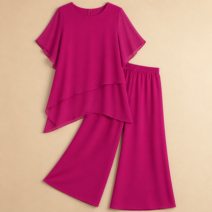 VeloraFit™ – Stylish Asymmetric Chiffon Two-Part Pant Ensemble