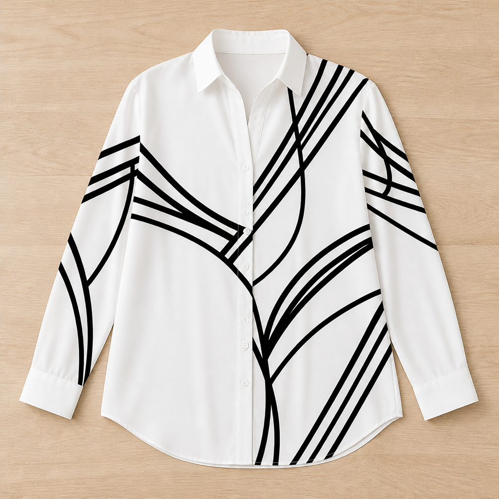 LumaLuxe™ – Casual Linework Print Button-Up Shirt with Pockets