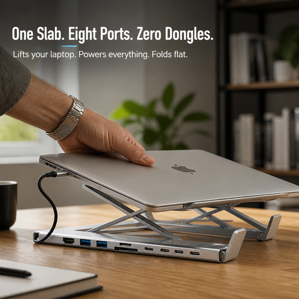 PowerPort Pro™ — Elevate Your Laptop, Charge 8 Devices, Fold Flat for Your Bag
