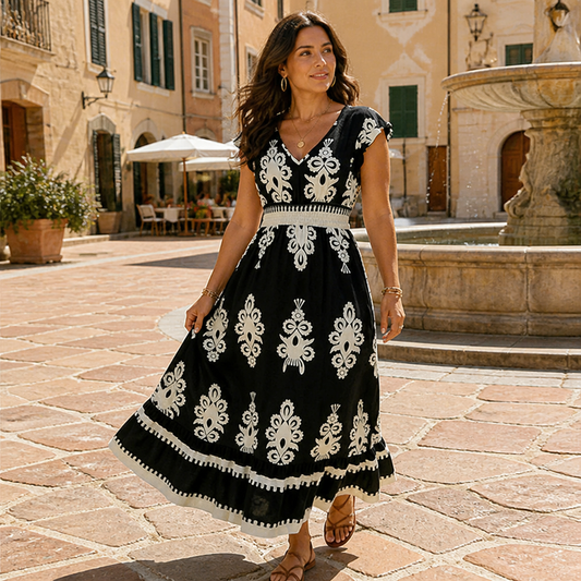 LuminaSway™ – Retro Baroque Pattern V-Neck Maxi Dress