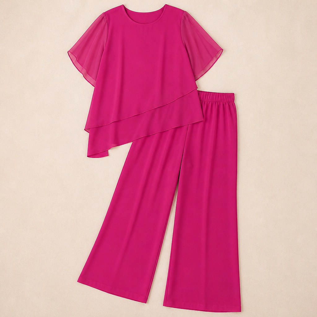 SerenLuxe™ – Stylish Chiffon Two-Piece Ensemble with Asymmetrical Layered Top