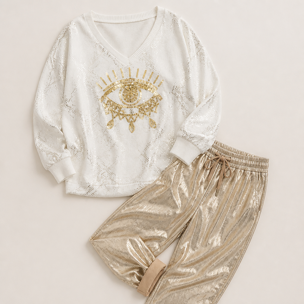 LumaDaze™ – Shimmering Metallic Pant Set with Sequin Evil Eye Top