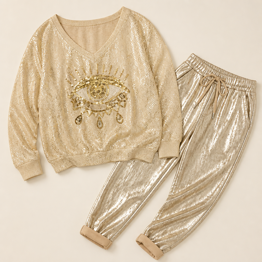 LumaPulse™ – Sequined Eye Top Paired with Metallic Drawstring Pants Set