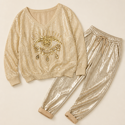 LumaPulse™ – Sequined Eye Top Paired with Metallic Drawstring Pants Set
