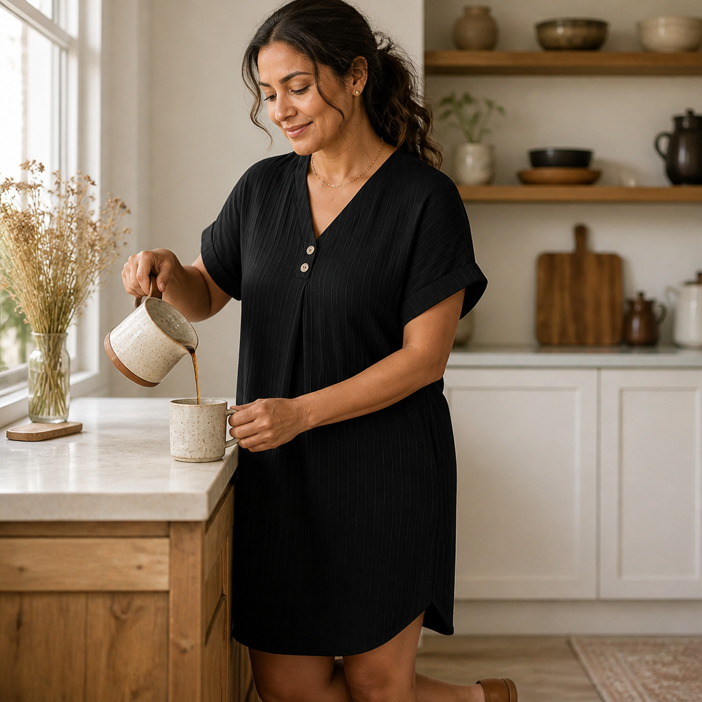 Veloria™ – Casual Ribbed V-Neck Shift Dress Featuring Button Detail