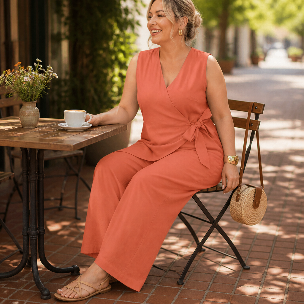 SereneSilhouette™ – Stylish Sleeveless Wrap-Front Jumpsuit with Side Tie