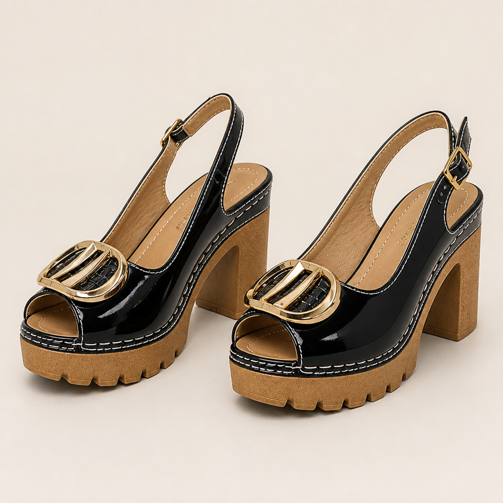 VivantaStrut™ – Striking Chunky Platform Slingback Heels with Golden Buckle