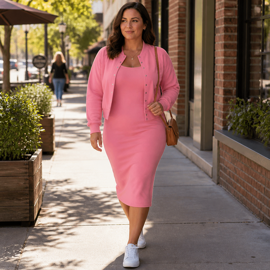 LunaCurve™ – Soft Knit Midi Bodycon Dress with Coordinated Cropped Jacket
