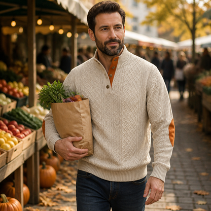 AtlasForge™ – Jacquard Textured Stand-Collar Sweater Featuring Elbow Patches