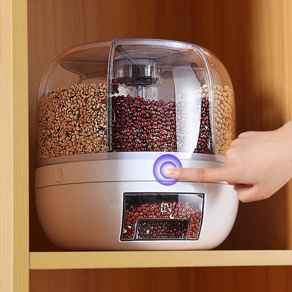 360° GrainVault: Rotatable Moisture-Resistant Grain Dispenser for Kitchen Use