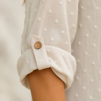 SilkoraWave™ – Easygoing Swiss-Dot Blouse with Buttoned Sleeve Tabs
