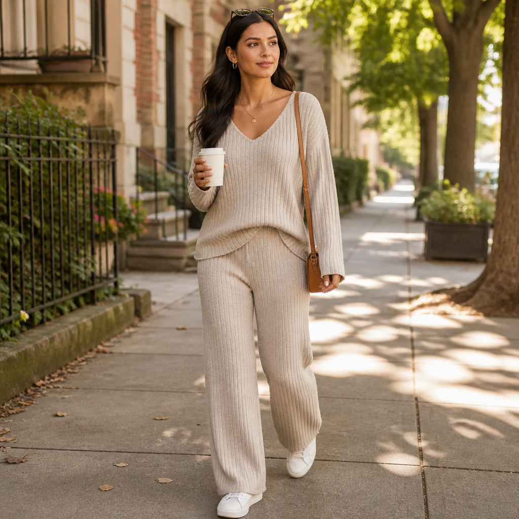 Serelis™ – Cozy Ribbed V-Neck Lounge Set with Wide-Leg Trousers